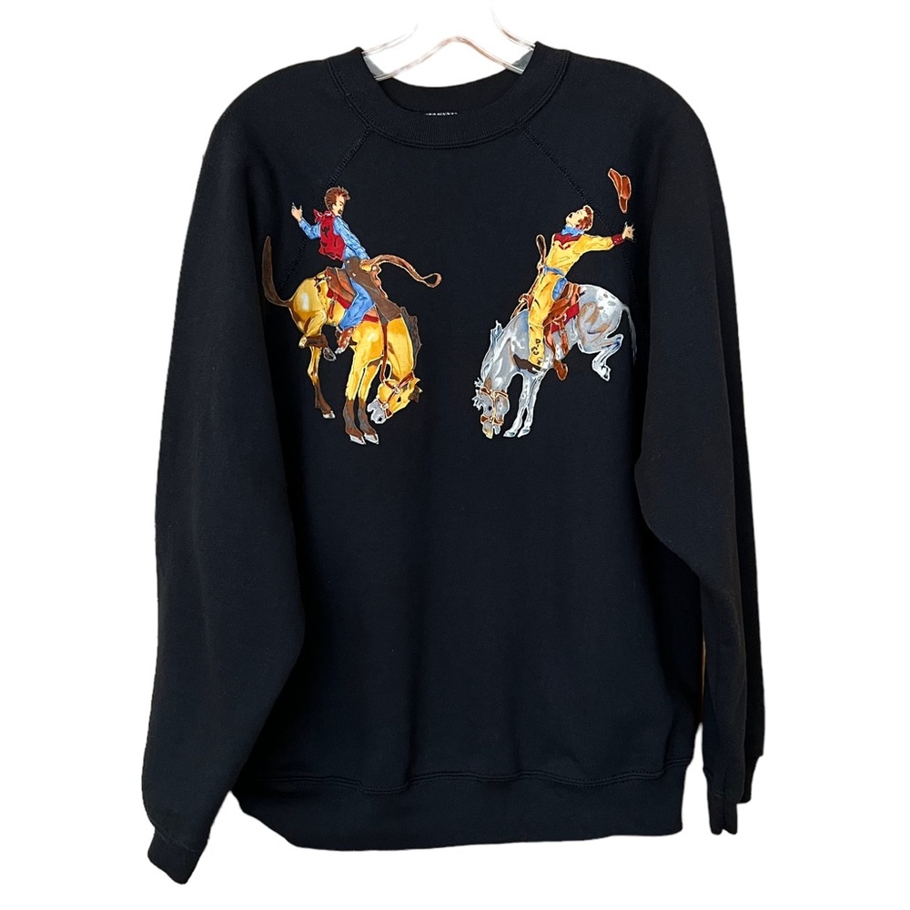 Black Cowboy Rodeo Embellished Graphic Crew Neck Long Sleeve Sweatshirt Size XL
